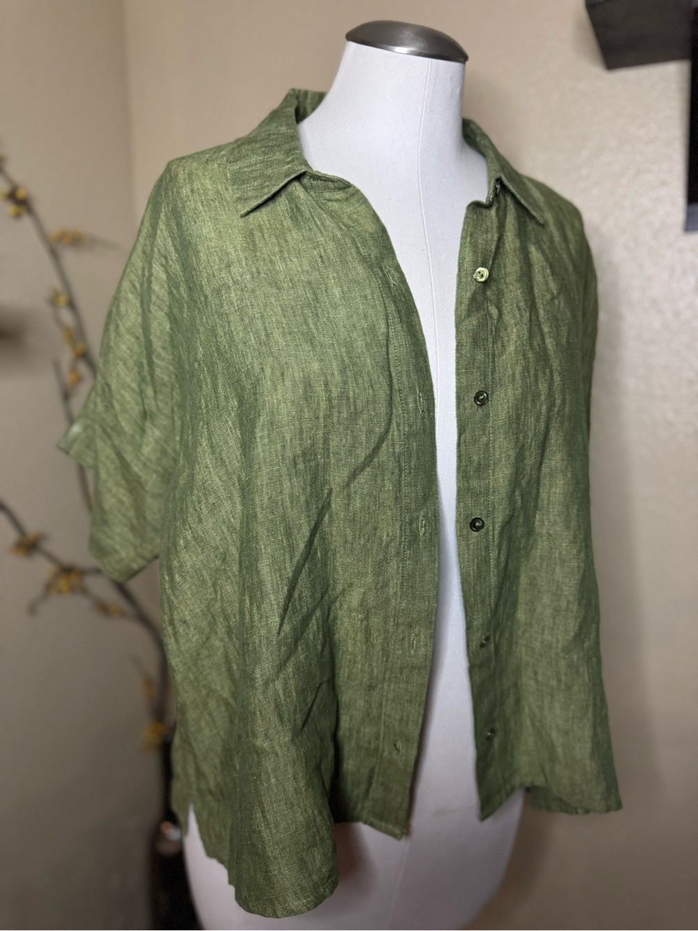Eileen Fisher Lightweight Olive Green Linen Shirt Jacket